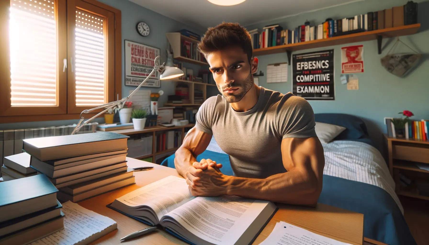 Opositor estudiando para ser policía local en su escritorio